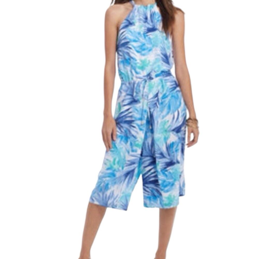 Ralph Lauren Blue Teal White Beach Palm Tree Tie Waist Neck Long Romper Size 2